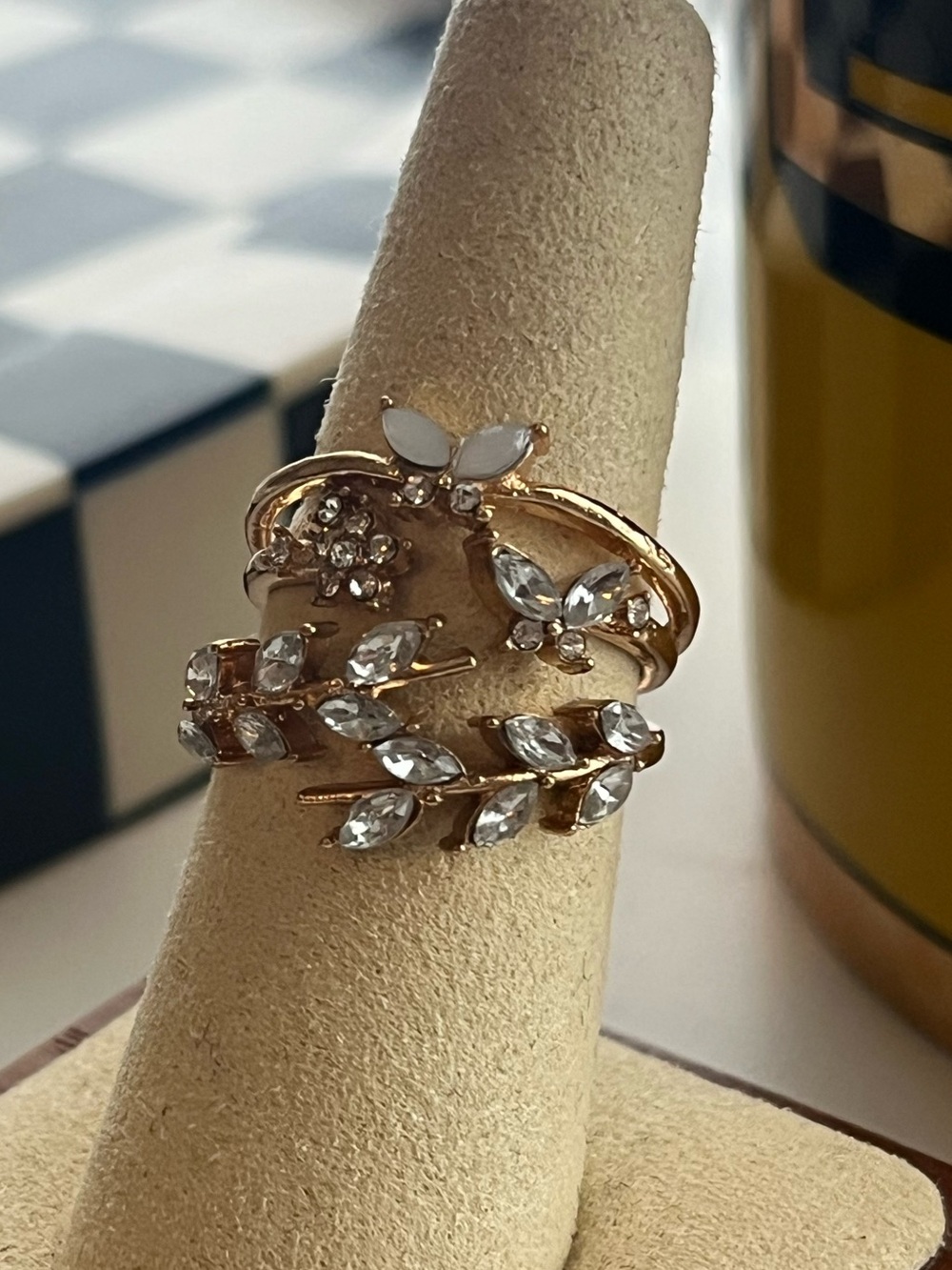Crystal Leaf  and Butterfly Adjustable Ring Trio